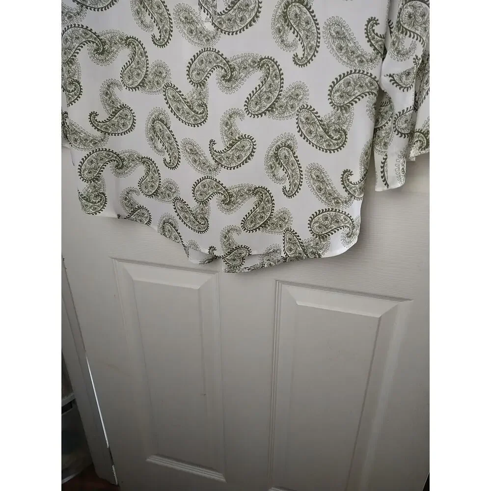 41Hawthorn Green White Paisley V Neck Belle Flare Tie Sleeves Sheer. Size M - Picture 7 of 11